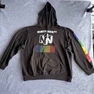 Nintendo 64 Graphic Hoodie XXL Black Rainbow Sleeve Logo Gaming Pullover